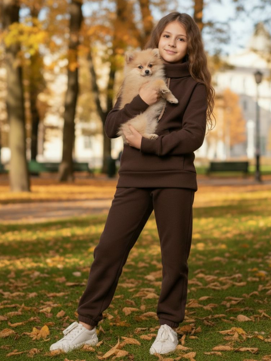 Тёплый флисовый костюм для девочки коричневый