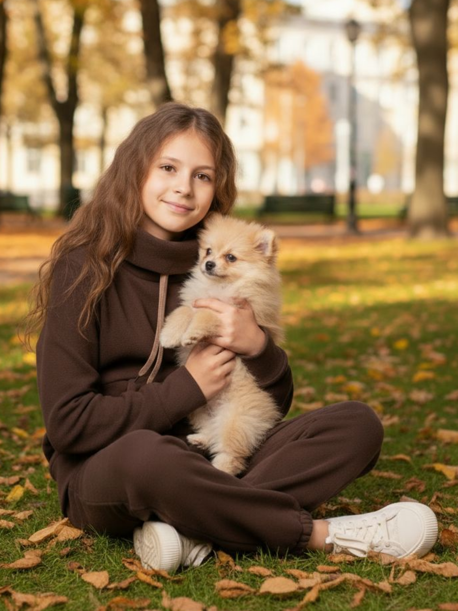 Тёплый флисовый костюм для девочки коричневый — изображение 4