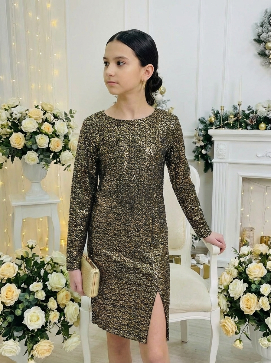 Чёрно-золотое платье с пайетками для девочки — изображение 4