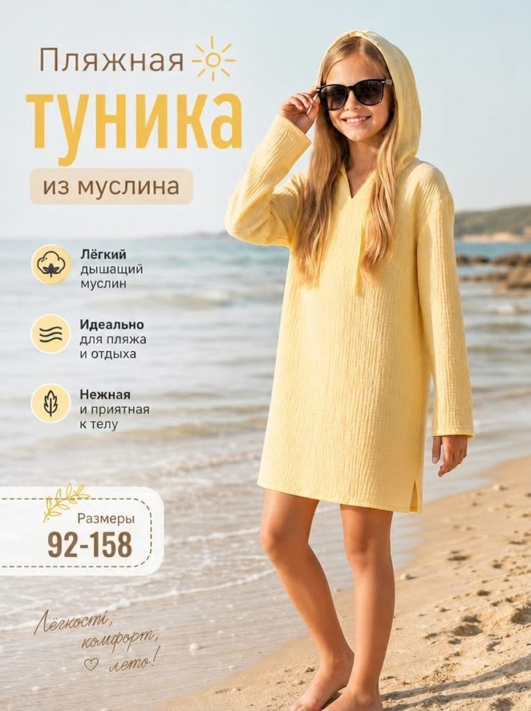 Желтая пляжная туника для девочки из муслина