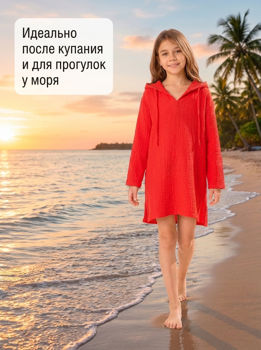 Красная пляжная туника для девочки из муслина — изображение 2
