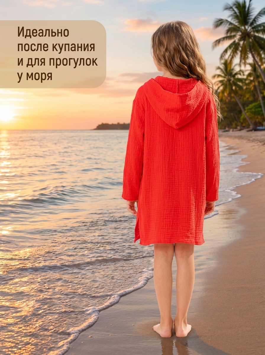 Красная пляжная туника для девочки из муслина — изображение 3
